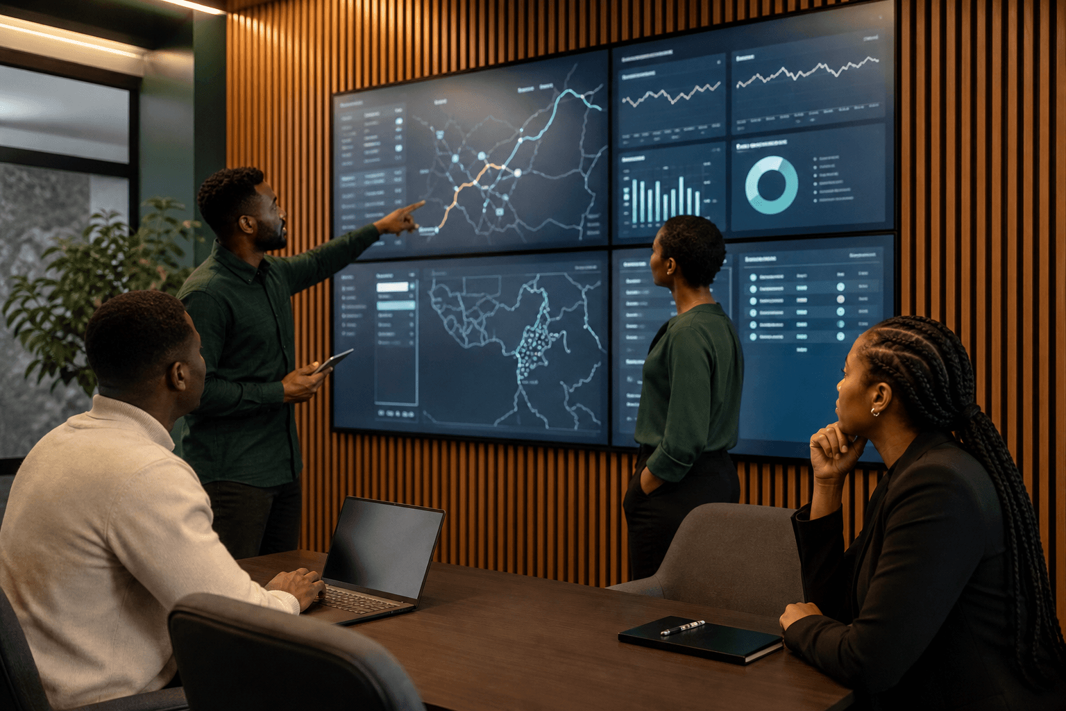 Logistics operations team reviewing live fleet dashboards